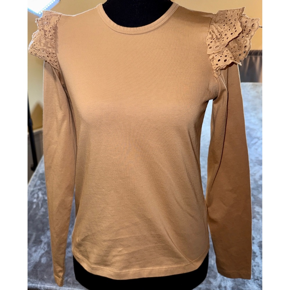 Joe's‎ Jeans Eyelet Ruffle Shoulder Top Women XS Camel Excellent Long Sleeve